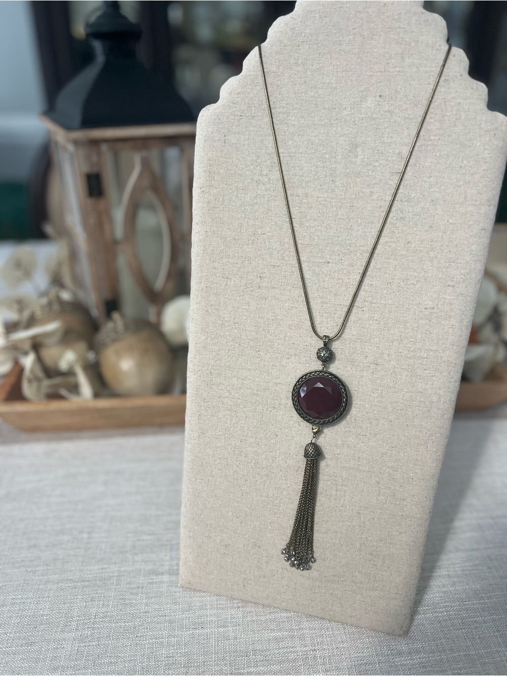 24” Pendant Necklace w/reversible Deep Burgundy/Tan Stone and Removable Tassel